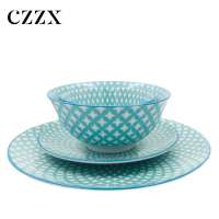 New style 4 pcs round blue grid porcelain dinnerware set for Restaurant