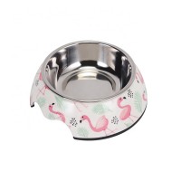 LOW MOQ Custom Print Cheap Bulk Plastic Anti Slip Melamine Dog Bowl Feeder With Stainless Steel Bowl