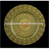 Wedding Restaurant Used Glass Gold Peacock Charger Plates Wholesale